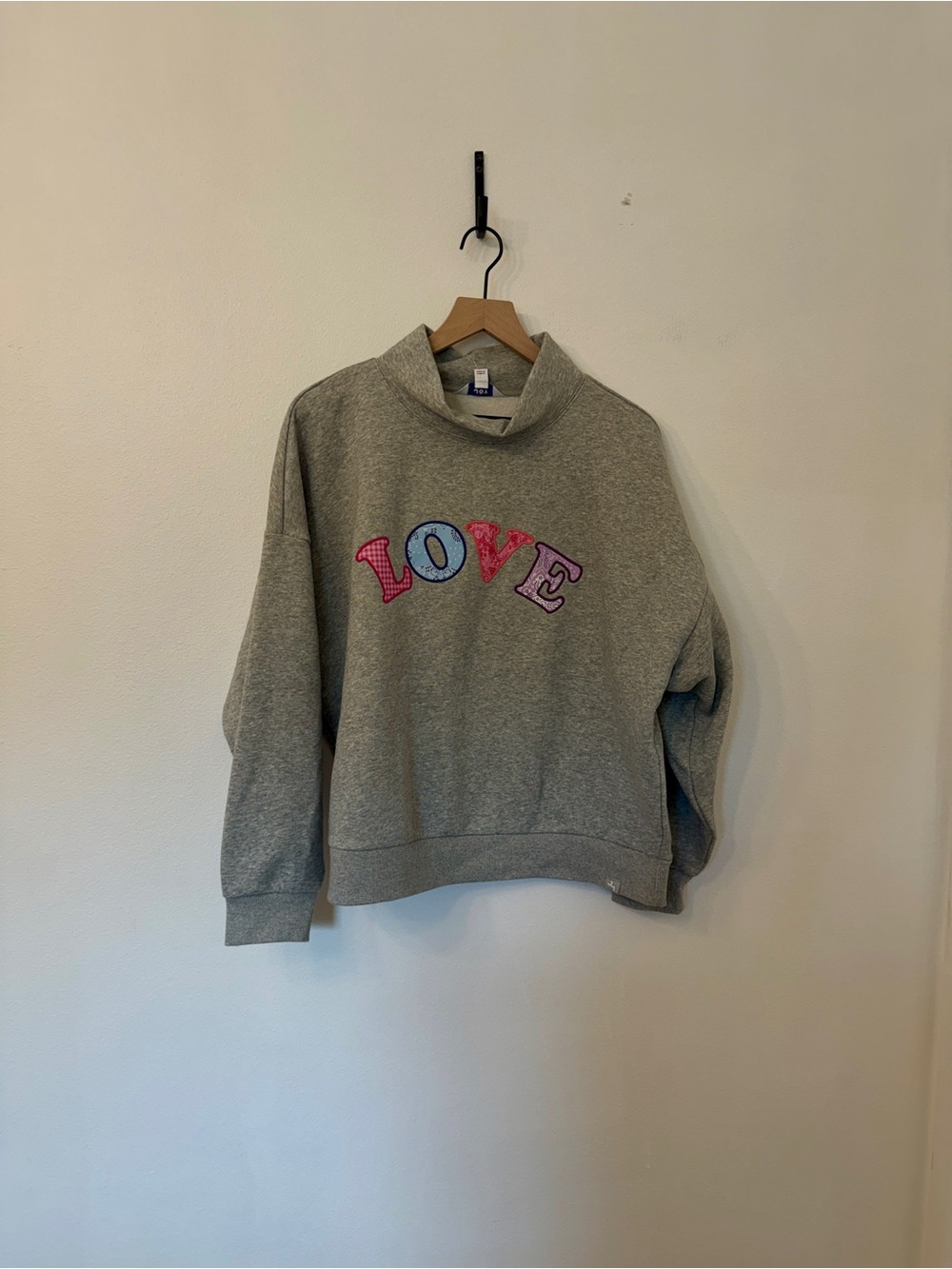 JoyLab Gray Mock Neck Sweatshirt with Colorful LOVE Applique
